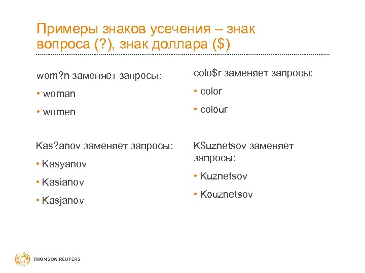 Примеры знаков усечения – знак вопроса (? ), знак доллара ($) wom? n заменяет