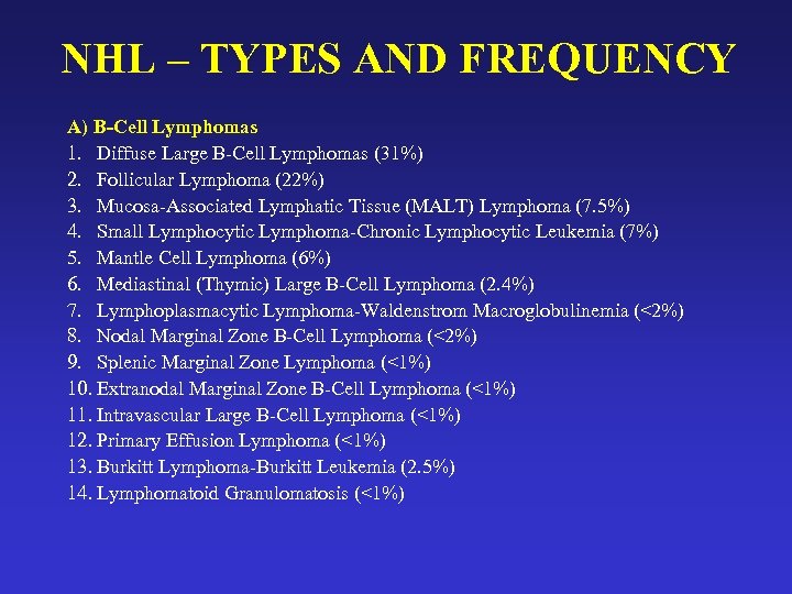 NHL – TYPES AND FREQUENCY A) B-Cell Lymphomas 1. Diffuse Large B-Cell Lymphomas (31%)