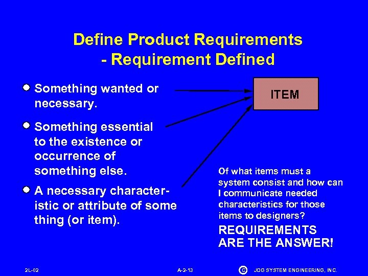 Define Product Requirements - Requirement Defined Something wanted or necessary. ITEM Something essential to