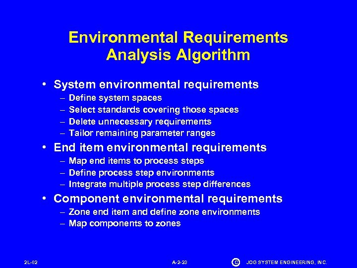 Environmental Requirements Analysis Algorithm • System environmental requirements – – Define system spaces Select