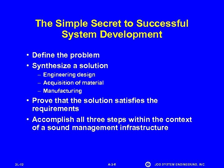 The Simple Secret to Successful System Development • Define the problem • Synthesize a