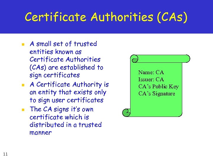 Certificate Authorities (CAs) n n n 11 A small set of trusted entities known