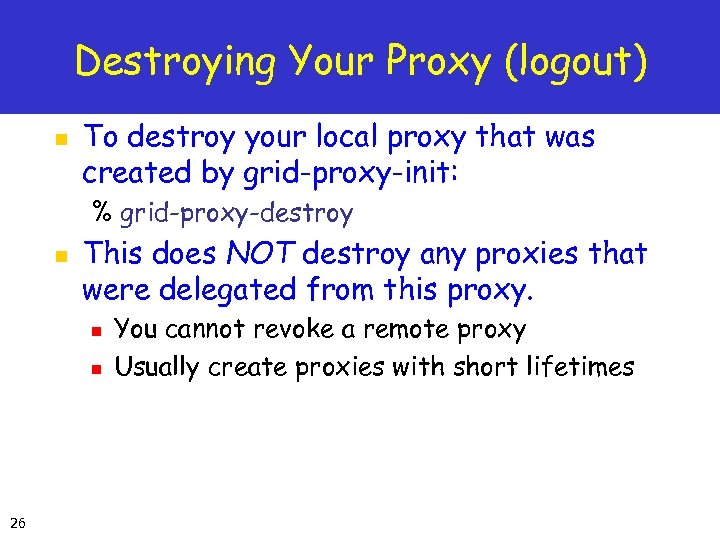 Destroying Your Proxy (logout) n To destroy your local proxy that was created by