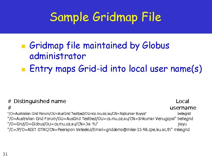 Sample Gridmap File n n Gridmap file maintained by Globus administrator Entry maps Grid-id