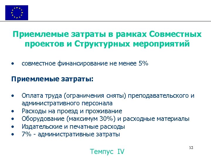 Приемлемые затраты в рамках Совместных проектов и Структурных мероприятий • совместное финансирование не менее