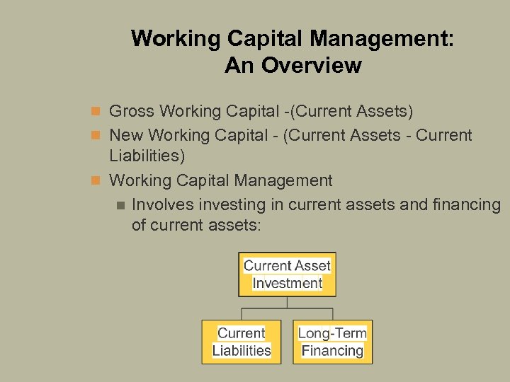 Working Capital Management: An Overview n Gross Working Capital -(Current Assets) n New Working