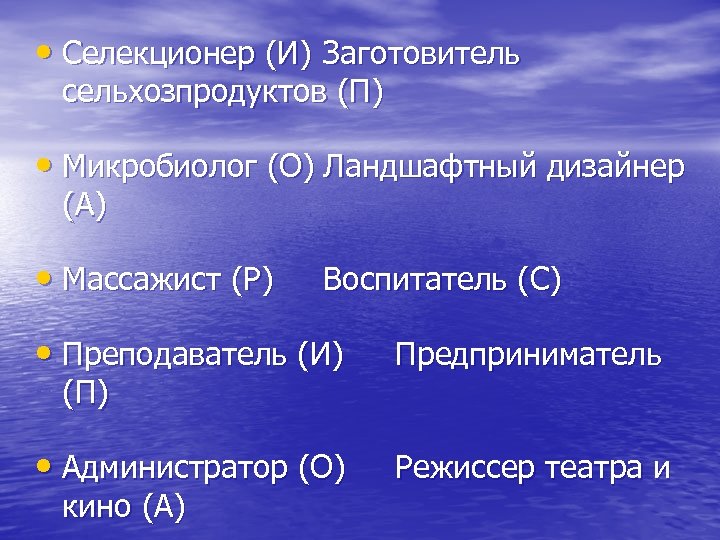  • Селекционер (И) Заготовитель сельхозпродуктов (П) • Микробиолог (О) Ландшафтный дизайнер (А) •