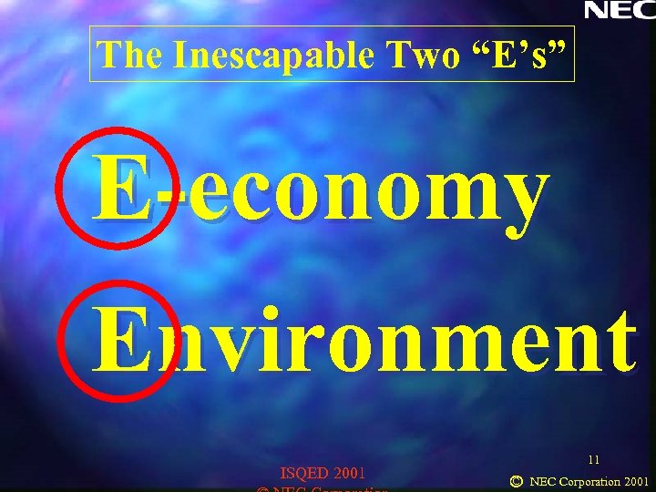 The Inescapable Two “E’s” E-economy Environment ISQED 2001 11 C NEC Corporation 2001 