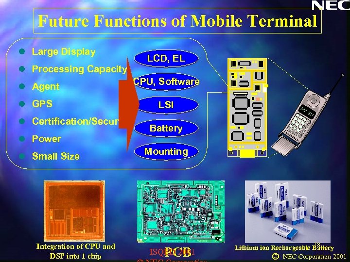 Future Functions of Mobile Terminal l　Large Display　　 l　Processing Capacity l　Agent l　GPS l　Certification/Security l　Power l　Small