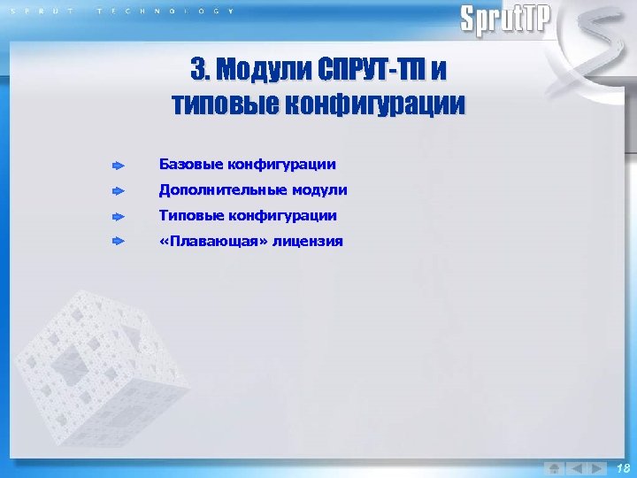 3. Модули СПРУТ-ТП и типовые конфигурации Базовые конфигурации Дополнительные модули Типовые конфигурации «Плавающая» лицензия