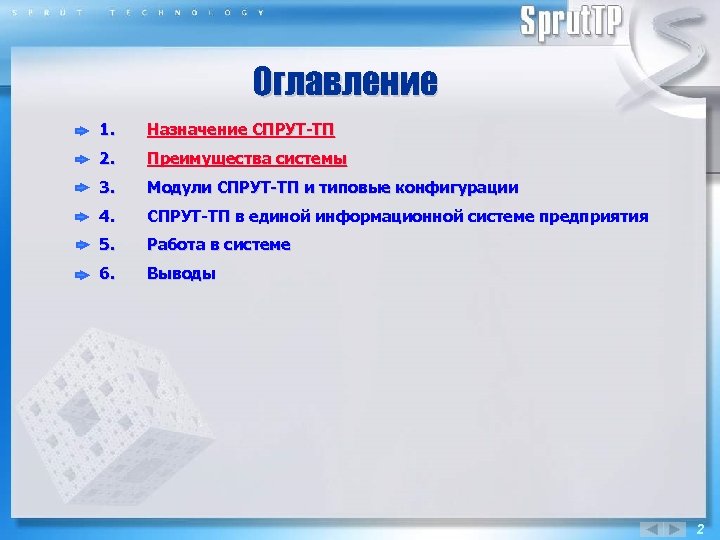 Оглавление 1. Назначение СПРУТ-ТП 2. Преимущества системы 3. Модули СПРУТ-ТП и типовые конфигурации 4.