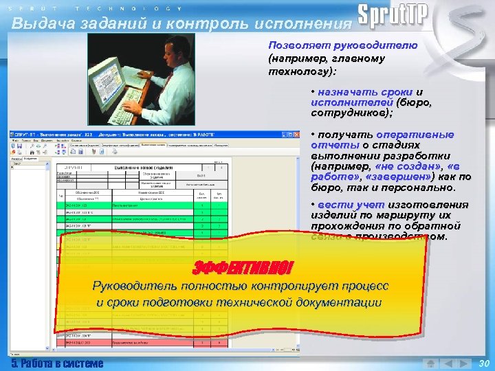 Выдача заданий и контроль исполнения Позволяет руководителю (например, главному технологу): • назначать сроки и