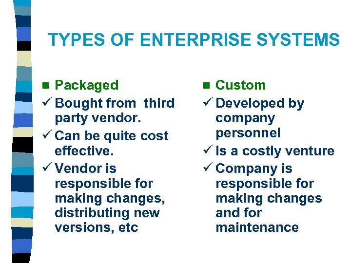 TYPES OF ENTERPRISE SYSTEMS Packaged ü Bought from third party vendor. ü Can be