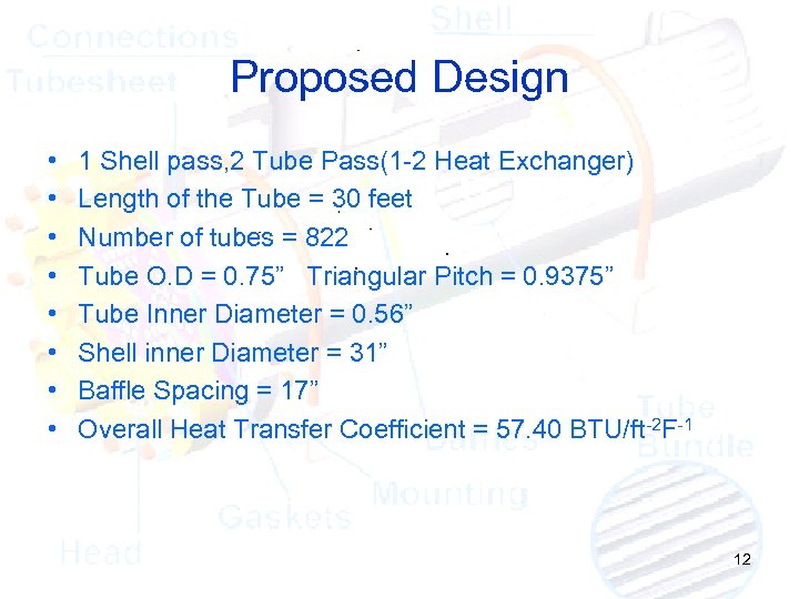 Proposed Design • • 1 Shell pass, 2 Tube Pass(1 -2 Heat Exchanger) Length