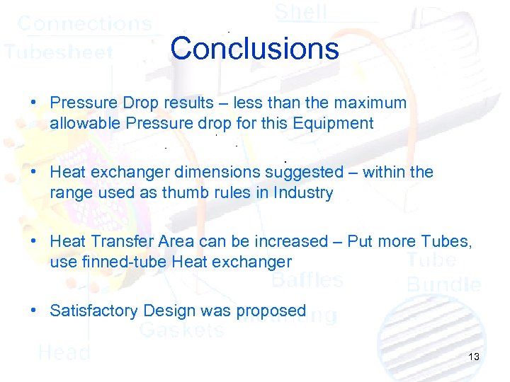 Conclusions • Pressure Drop results – less than the maximum allowable Pressure drop for