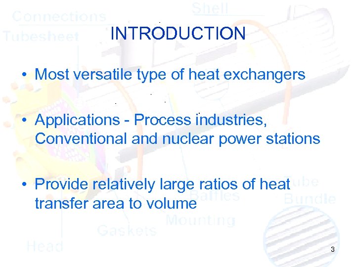 INTRODUCTION • Most versatile type of heat exchangers • Applications - Process industries, Conventional