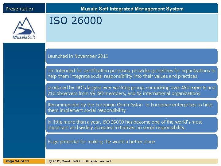 Presentation Musala Soft Integrated Management System ISO 26000 Launched in November 2010 not intended