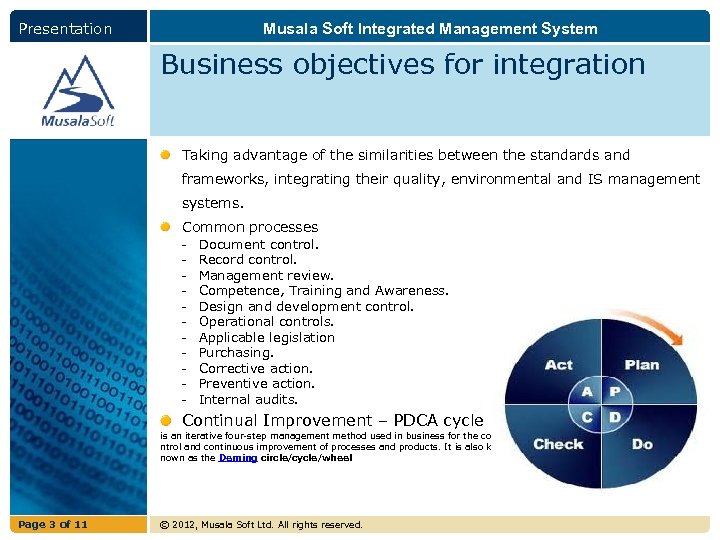 Presentation Musala Soft Integrated Management System Business objectives for integration Taking advantage of the