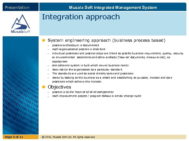 Presentation Musala Soft Integrated Management System Integration approach System engineering approach (business process based)