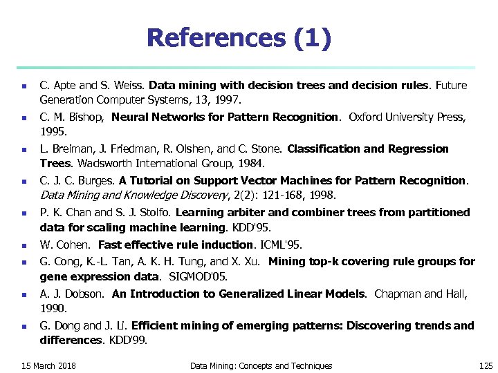 References (1) n n n n n C. Apte and S. Weiss. Data mining