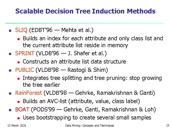 Scalable Decision Tree Induction Methods n n n SLIQ (EDBT’ 96 — Mehta et