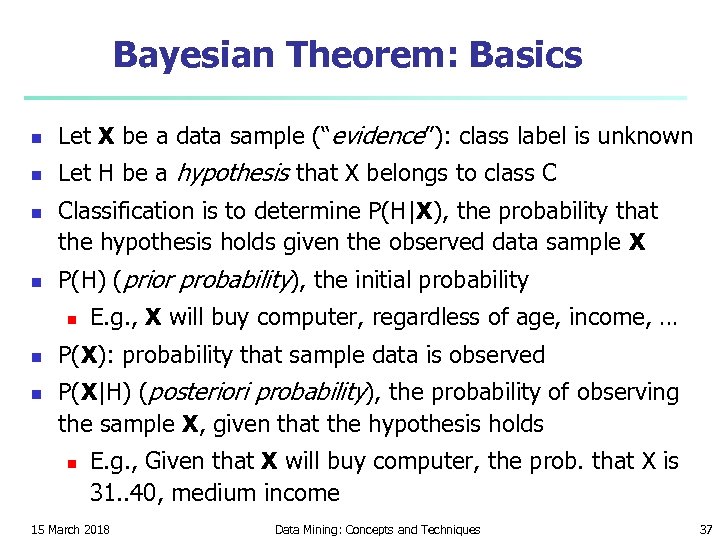 Bayesian Theorem: Basics n Let X be a data sample (“evidence”): class label is