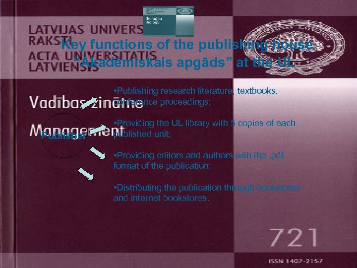 Key functions of the publishing house “Akadēmiskais apgāds” at the UL • Publishing research