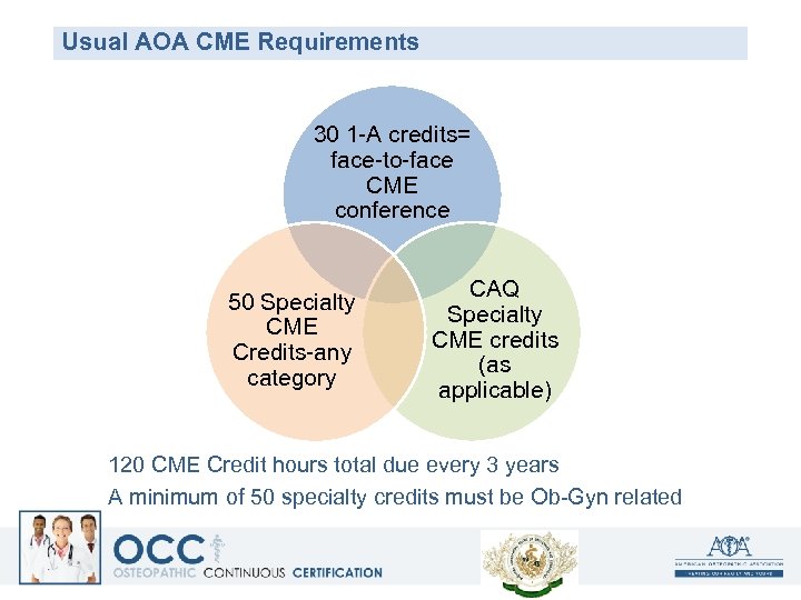 Usual AOA CME Requirements 30 1 -A credits= face-to-face CME conference 50 Specialty CME
