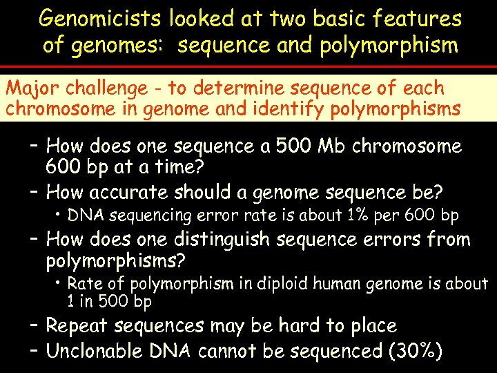 Genomicists looked at two basic features of genomes: sequence and polymorphism Major challenge -