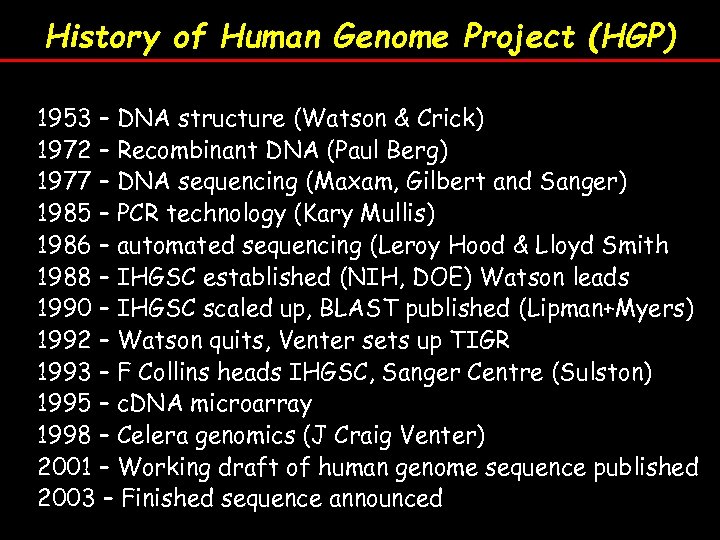 History of Human Genome Project (HGP) 1953 – DNA structure (Watson & Crick) 1972