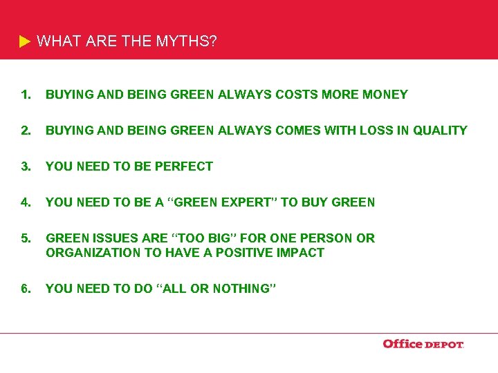 WHAT ARE THE MYTHS? 1. BUYING AND BEING GREEN ALWAYS COSTS MORE MONEY 2.
