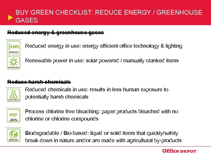BUY GREEN CHECKLIST: REDUCE ENERGY / GREENHOUSE GASES Reduced energy & greenhouse gases Reduced