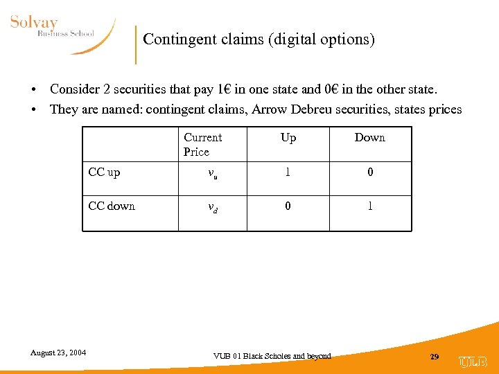 Contingent claims (digital options) • Consider 2 securities that pay 1€ in one state