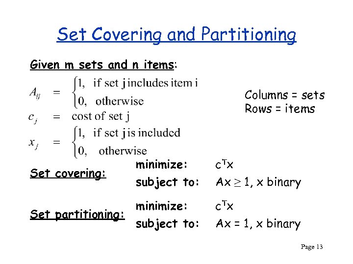 Set Covering and Partitioning Given m sets and n items: Columns = sets Rows