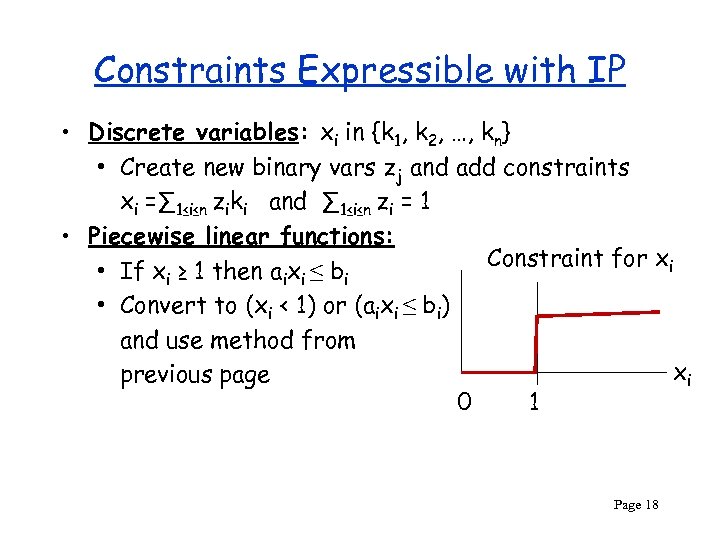 Constraints Expressible with IP • Discrete variables: xi in {k 1, k 2, …,
