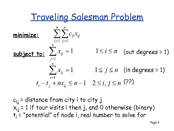 Traveling Salesman Problem minimize: subject to: (out degrees = 1) (in degrees = 1)