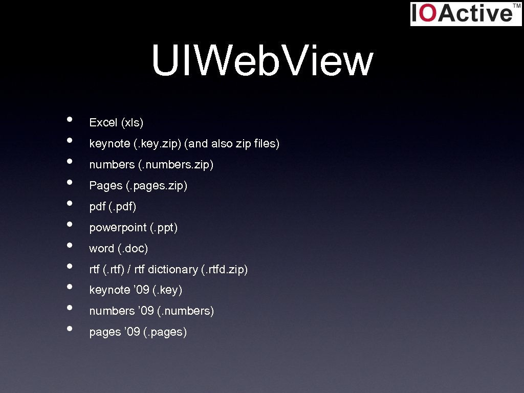 UIWeb. View • • • Excel (xls) keynote (. key. zip) (and also zip