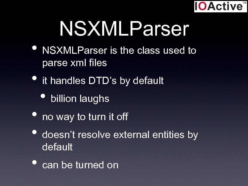 NSXMLParser • NSXMLParser is the class used to parse xml files • it handles