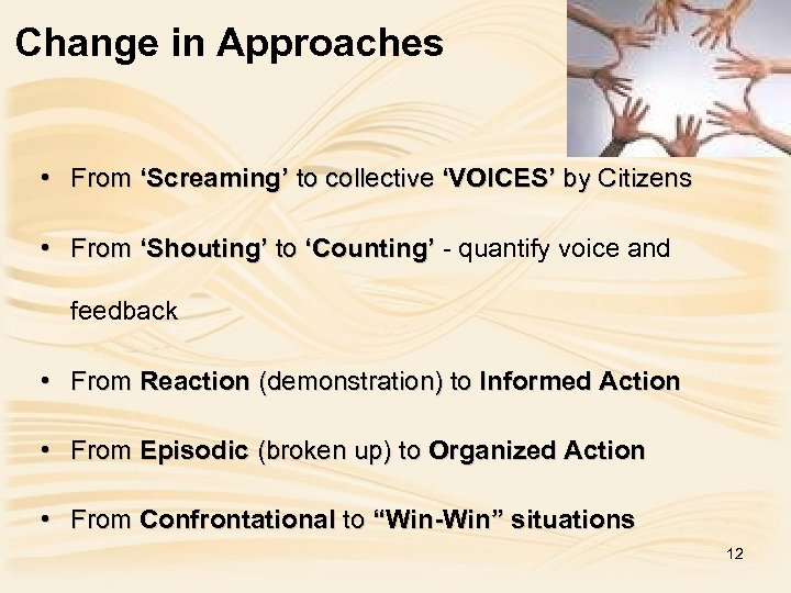 Change in Approaches • From ‘Screaming’ to collective ‘VOICES’ by Citizens • From ‘Shouting’