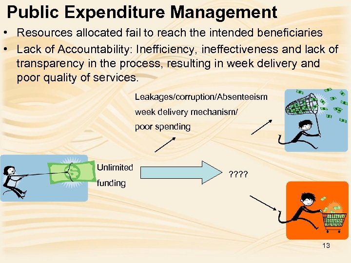 Public Expenditure Management • Resources allocated fail to reach the intended beneficiaries • Lack