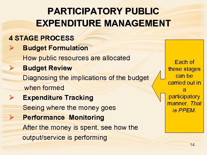 PARTICIPATORY PUBLIC EXPENDITURE MANAGEMENT 4 STAGE PROCESS Ø Budget Formulation How public resources are