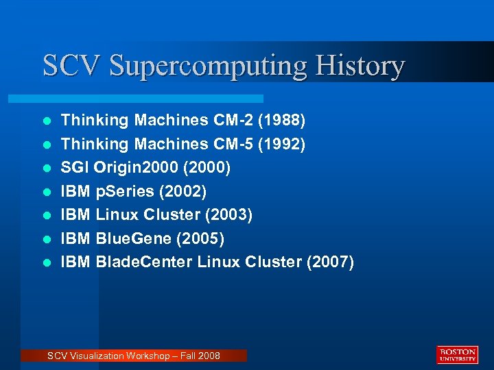 SCV Supercomputing History l l l l Thinking Machines CM-2 (1988) Thinking Machines CM-5
