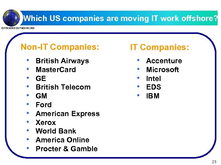 Which US companies are moving IT work offshore? OFFSHORE OUTSOURCING Non-IT Companies: • •