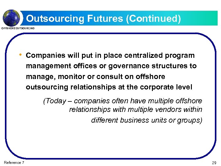 Outsourcing Futures (Continued) OFFSHORE OUTSOURCING • Companies will put in place centralized program management