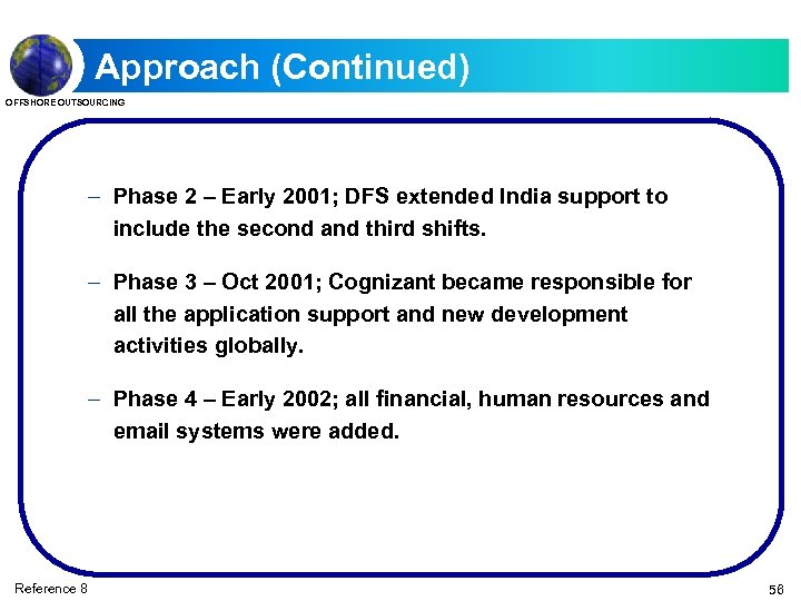 Approach (Continued) OFFSHORE OUTSOURCING – Phase 2 – Early 2001; DFS extended India support
