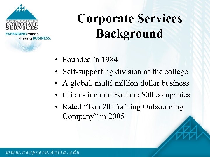 Corporate Services Background • • • Founded in 1984 Self-supporting division of the college