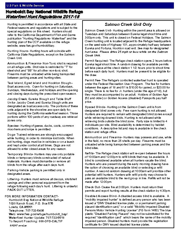 U. S Fish & Wildlife Service Humboldt Bay National Wildlife Refuge Waterfowl Hunt Regulations