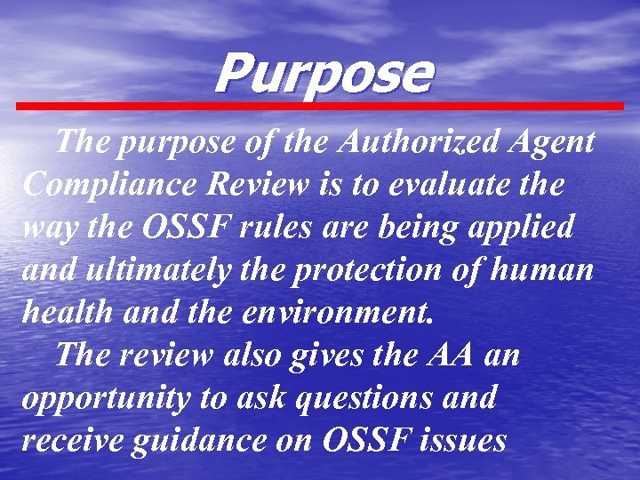 Purpose The purpose of the Authorized Agent Compliance Review is to evaluate the way