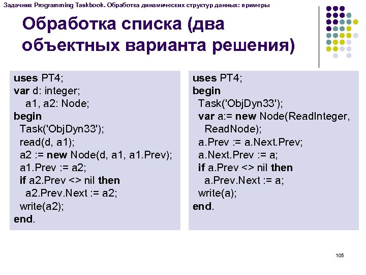 Задачник Programming Taskbook. Обработка динамических структур данных: примеры Обработка списка (два объектных варианта решения)