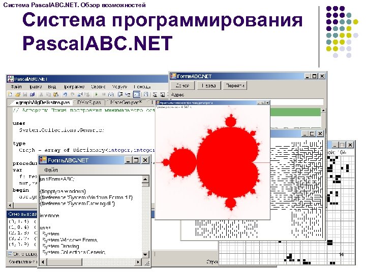 Система Pascal. ABC. NET. Обзор возможностей Система программирования Pascal. ABC. NET 14 
